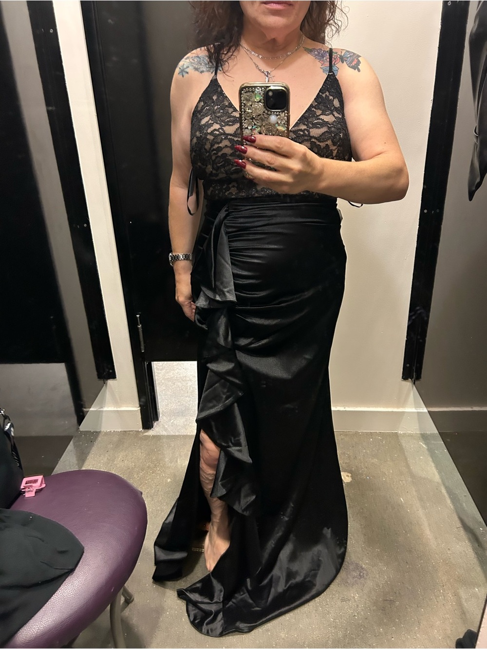 Black Lace Bodice Satin Ruffle Evening Gown